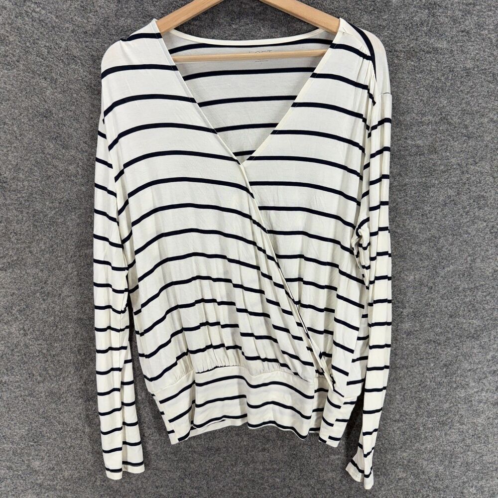 Loft Blouse Women L Large White Striped V-Neck Long Sleeve Rayon Pullover Casual